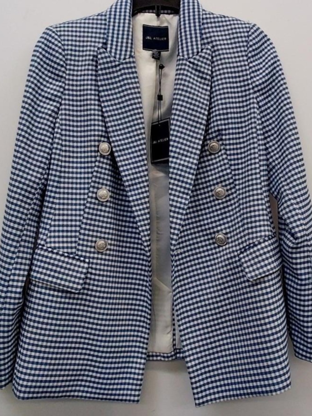 J & L Atelier Blue and White Gingham Double-Breasted Blazer
